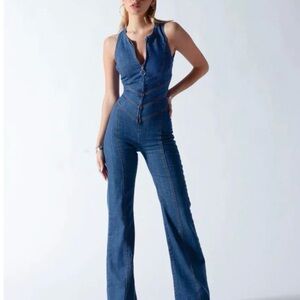 Stylish Blue Denim Jumpsuit w/heart open back